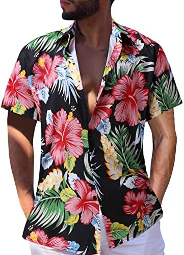 חולצות HDDK Mens Hawaiian, קיץ שרוול קצר כפתור הדפס פרחוני טרופי למטה כושר רגוע בכושר חוף חוף אלוהה