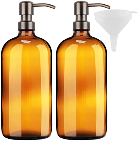 מתקן סבון סבון זכוכית ענבר 4 מארז 32 גרם בקבוקי משאבה משאבת נירוסטה חסינת חלודה, משפך. וינטג 'חווה