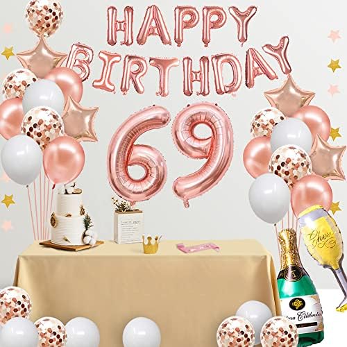 קישוטי יום הולדת 69 של Fancypartyshop - זהב רוז זהב יום הולדת שמח באנר ואבנט עם מספר 69 בלונים לטקס