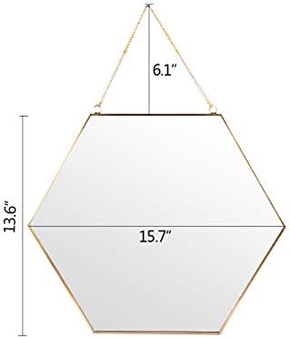 לונגווין קיר תלוי משושה משושה עיצוב מראה גיאומטרית זהב עם שרשרת לסלון חדר שינה לחדר אמבטיה 15.7 x 13.6