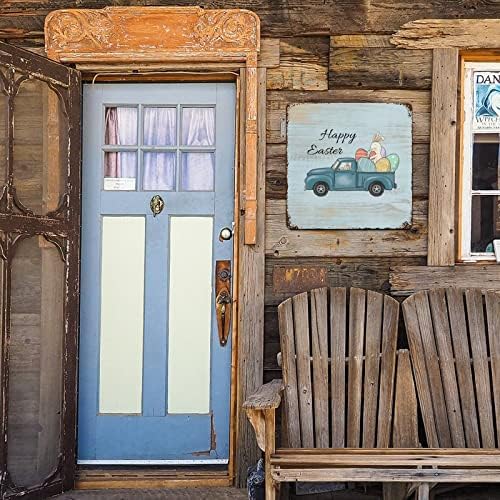 שלט מתכת כפרית עץ כחול ארנב פסחא שמח ומשאיות כחולות עץ במצוקה מראה שלט מתכת קיר רטרו קיר תלייה אמנות לחצר גן דלת
