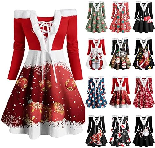 שמלת שרוול ארוך לחג המולד לנשים סנטה קלאוס קטיפה נגד שמלות צלב צוואר צוואר שמלות סקסיות מכתף מיני שמלה