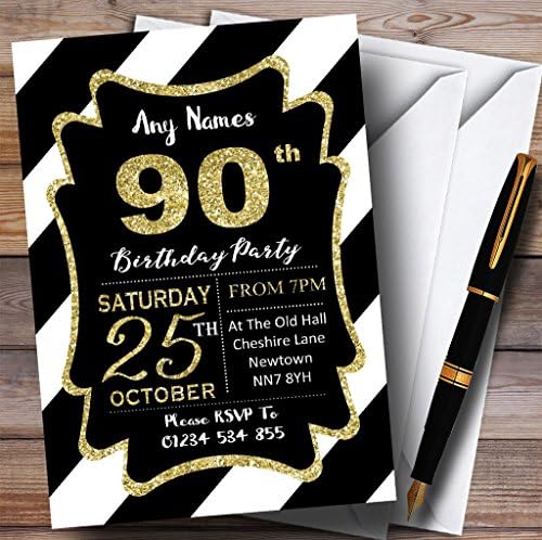 פסים אלכסוניים לבנים שחורים זהב 90 הזמנות למסיבת יום הולדת בהתאמה אישית