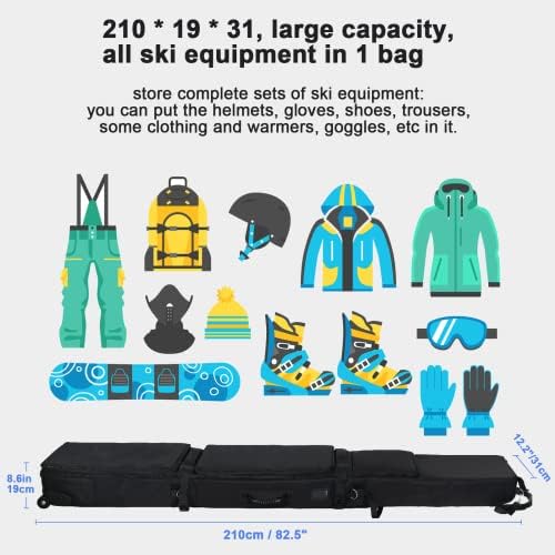 שקיות סקי לטיול אוויר עם גלגלים - שקית סנובורד עד 210 סמ 900D כבד כבד באוקספורד אטום מים, שקית סקי מרופדת
