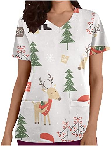 נשים של חג המולד סקראבס חולצות קצר שרוול מצחיק חמוד חג לשפשף חולצות צוואר רך כיסים חדש שנה בגדי עבודה