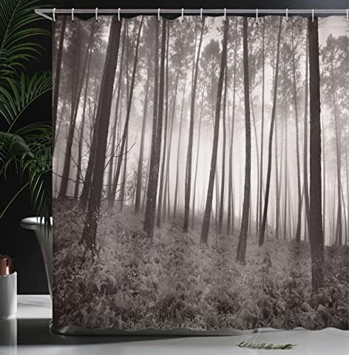 וילון מקלחת יער אמבסון פנטזיה מיסטית פנטזיה יערות תחת ערפל כבד עצים גבוהים שיחים צילום אמנות רקע בניגוד צבעים