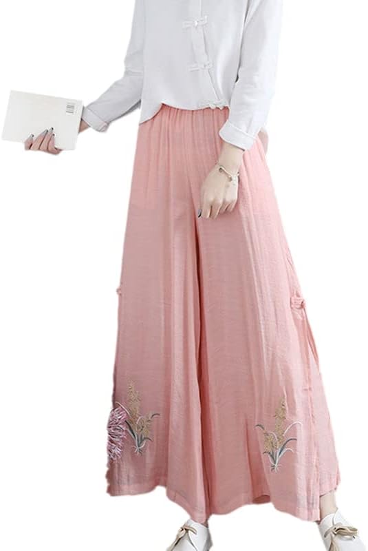 סגנון לאומי סיני רטרו מכנסיים אלגנטיים לרגל רחבה פרחים רקומים מכנסי מותניים אלסטיים מזדמנים לנשים צבעוניות