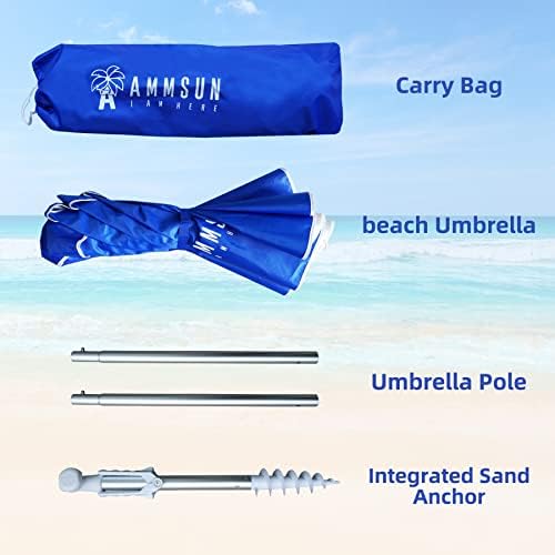 AMMSUN 6ft מטריית חוף טיולים מקופלת מתאימה למזוודה עם עוגן חול מטה ציפוי כסף בתוך UPF 50+UV הגנה על מטריית