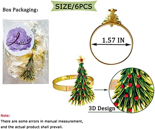 טבעות מפיות של עץ חג המולד סט של 6, טבעת מפית זהב תלת מימדית חמודה עץ תלת מימד לתפאורה של שולחן, מחזיק