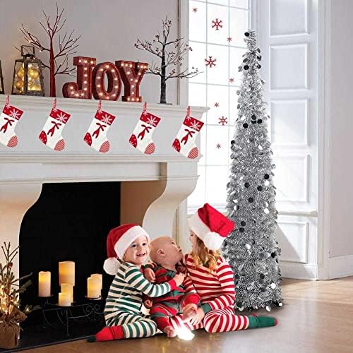 אוצ'ין 5ft קופץ עץ חג מולד לבן עם קישוטים נצנצים צבעוניים, עץ חג המולד מלאכותי עץ חג המולד עץ חג