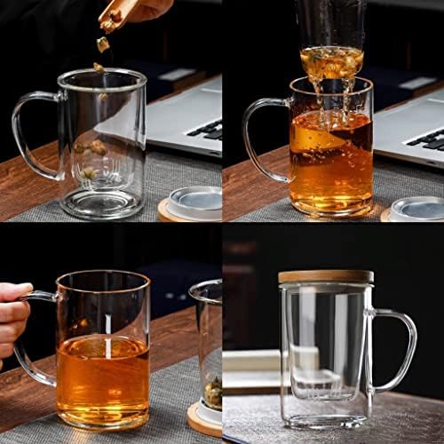 כוסות תה פו-זכוכית של פורווינו עם מכסה מסננת ומכסה במבוק, ספלי תה בורוסיליקט זכוכית לתה פורח ותה עלים רופפים,