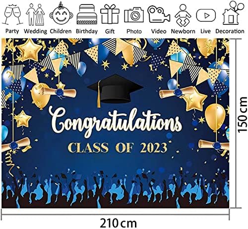 מקט 72 על 60 אינץ ' בד רקע סיום לצילום זהב וכחול כובע רווקים בלון גראד מזל טוב מסיבת כיתה של 2023