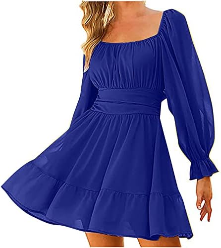 שמלת שיפון קיץ לנשים פנס שרוול ארוך פרוע שולי שמלות מיני משובצות שמלת טוניקה זורמת זורמת