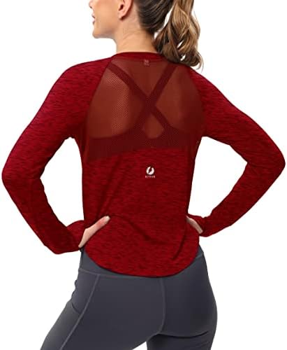 חולצות אימון של שרוול ארוך של אמצעי לנשים המריצות חולצת כושר יוגה עם חור אגודל נושם רשת אחורה
