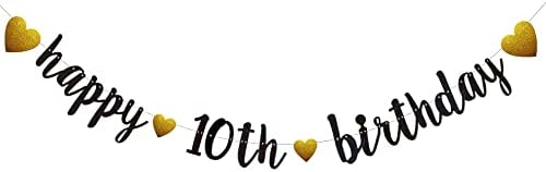 באנר ליום הולדת 10 שמח, טרום-חטט, זרי נייר נצנצים שחורים לאספקת קישוטים למסיבות יום הולדת 10, אין צורך