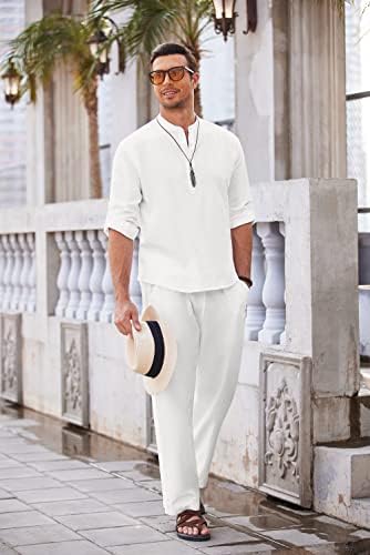 קואופנדי 2 חתיכות פשתן כותנה סט שרוול ארוך חולצות הנלי מכנסי חוף מזדמנים עם כיסים תלבושות יוגה קיץ