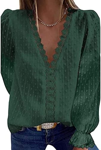 Beuu נשים אלגנטיות שיפון תחרה V צוואר חולצות טירטס שרוול ארוך מזדמן שוויצרי דוט טי צמרות חולצות