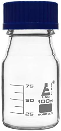 בקבוק ריאגנט של אייסקו, 100 מיליליטר - שקוף עם מכסה בורג כחול-סיום לימודים לבן-מעבדות זכוכית בורוסיליקט