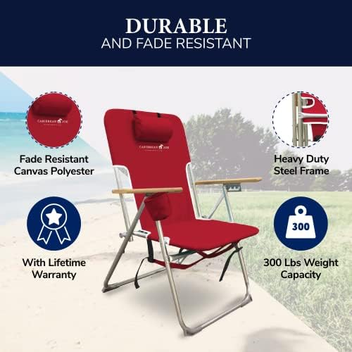 כיסא חוף מתקפל של הקריביים, 4 מיקום תרמיל נייד כיסא קמפינג מתקפל עם משענת ראש, מחזיק כוס ומשענות עץ, אדום, 33.5