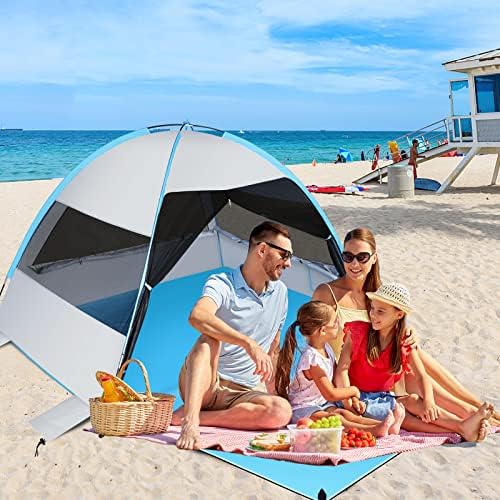 אוהל חוף גדול, מקלט צל לשמש אנטי-UV, מטריית שמש חיצונית חוף חוף חופה אוהל קאבנה מתאים 3-4 אדם, אוהלי דיג קמפינג
