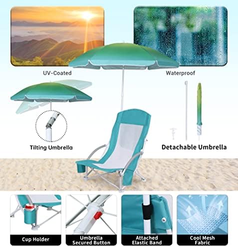 כיסא חוף WGOS, כיסא חוף עם מטריה, כסא חוף למבוגרים כיסא קמפינג גבוה גב עם מטריה וקירור, נייד