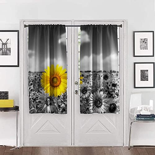 AATTE אפור חמניות צהוב וילון חלון כפרי פרח צהוב צמחי שדה פרחים צמחים סצנת טבע סצנה מוט וילונות סלון חלון חדר