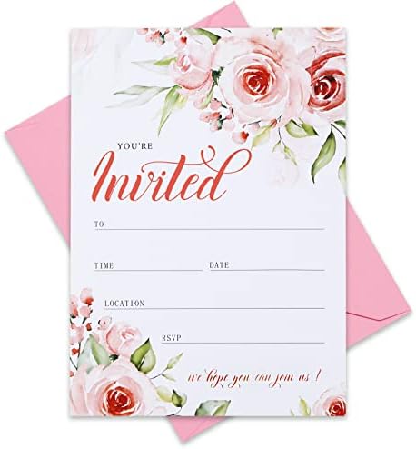 Anydesign 25 הזמנות למסיבת מילוי פרחים עם 25 מעטפות 5 x 7 פרח ורוד צבעי מים כל הזמנות לאירועים לחתונה.