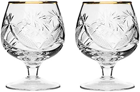 סט של 2 כוסות קריסטל וינטג ' בעבודת יד, ברנדי וקוניאק מרחרח עם שפת זהב 24 קראט, כלי זכוכית מיושנים,