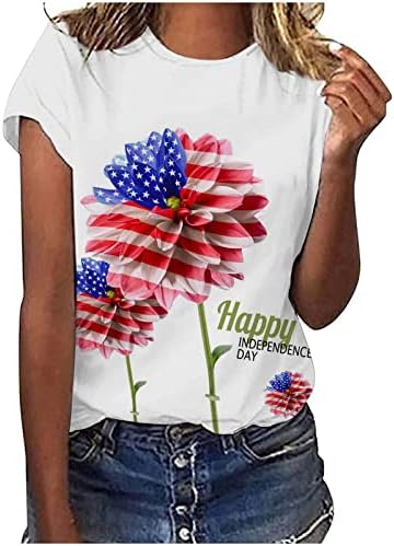 חולצות T שרוול קצר נשים צוואר צווארון יום עצמאות דגל דייזי פרחוני פרחוני רופף חולצות חולצות מזדמנים