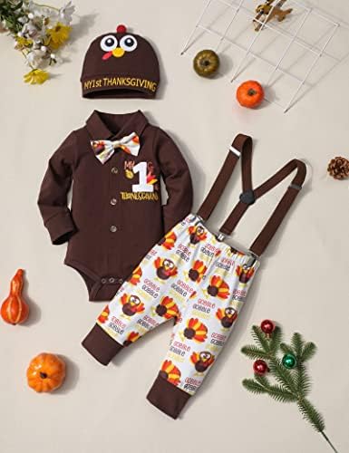 התלבושת הראשונה שלי לתינוק חג ההודיה, רומפר שרוול ארוך עם עניבת פרפר + מכנסיים מודפסים הודו חמוד + כובע 3 יחידות