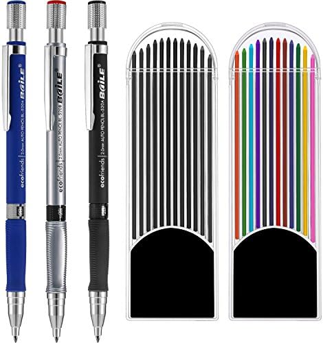 Jovitec 3 יצירות 2.0 ממ עיפרון מכני עם 2 מקרים מילוי, צבע ומילוי שחור לרישום טיוטה, כתיבה, יצירה, רישום