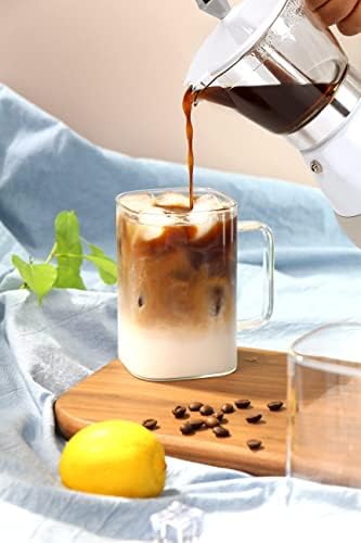 ספלי קפה זכוכית קריסלין, כוסות קפה גדולות 20oz עם ידית, ספלים צלולים מרובעים סט של 2, כוס זכוכית עמידה
