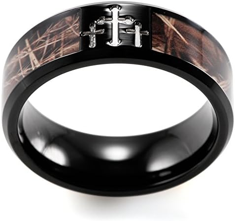 שרדון גברים של 8 ממ שחור טיטניום טבעת גברים של חתונה להקות מנוגדים חקוק צלבים וחום הסוואה משובץ נוצרי טבעת
