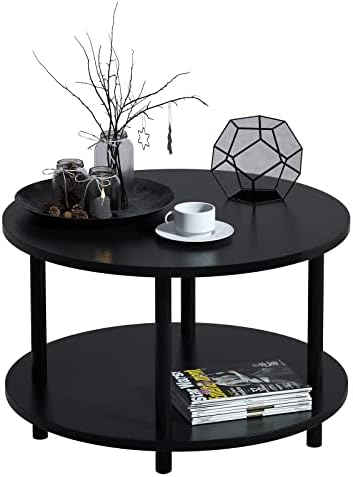 ואנרוהה קטן עגול קפה שולחן עם פתוח אחסון עבור שטח קטן, 23.5 שחור 2 קומות עץ מרכז שולחן לסלון, מתכת