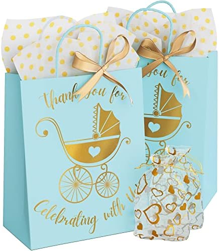 25 מארז תינוק מקלחת מתנות תיק עם רקמות נייר וסרטים - זהב תינוק מקלחת מתנות שקיות עבור בנים-תינוק