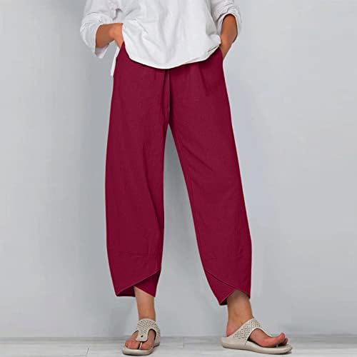 מכנסי קפריס בגודל Qwentmtnty Plus לנשים פשתן כותנה רגל רחבה קיץ מזדמן קיץ נוח מותניים גבוהים מכנסי יבול רופפים