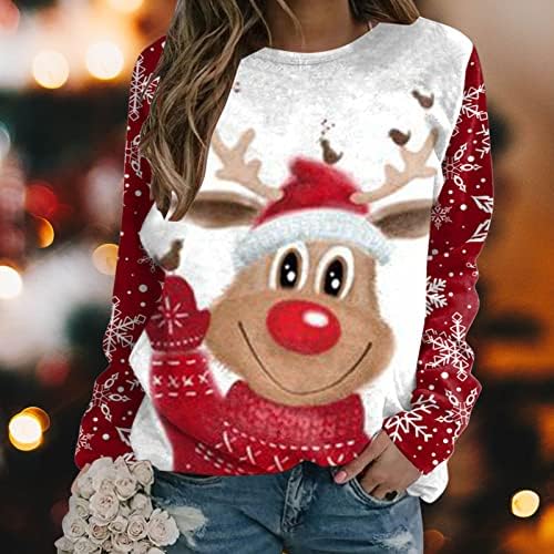 Beuu Elk and Snowflake Print Stepshirts חולצות חג מולד לנשים שרוול מזדמן צוואר עגול צוואר רופף חולצות קופצות
