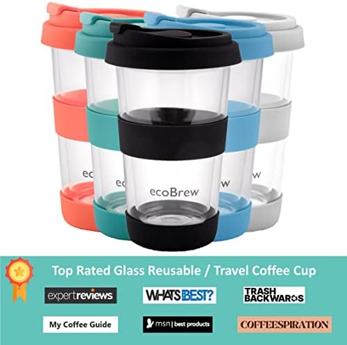Ecobrew 12oz כוס זכוכית קיר כפולה עם מכסה, ספל קפה מבודד זכוכית, ספל קפה, מדיח כלים בטוח ומיקרוגל לטיול קפה ברור