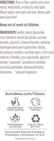 שמפו לתינוקות של Burt's Bees & Wash, סבון מקורי ללא דמעה לתינוקות - בקבוק 12 אונקיה
