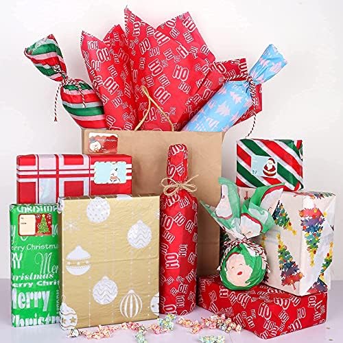 גיפו 120 גיליונות נייר טישו לחג המולד, 12 עיצובים + 120 מדבקות תג מתנה, לקופסאות מתנה לחג המולד, שקיות