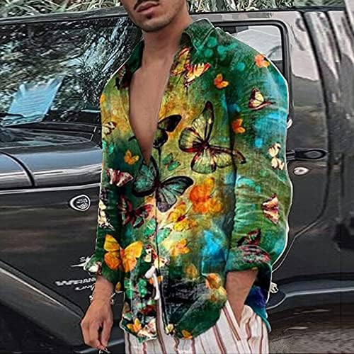 חולצות פשתן כותנה של ווקאצ'י לגברים, כפתור קיץ למטה שרוול ארוך פרפר בוהו הדפס חולצות הוואי מזדמנים