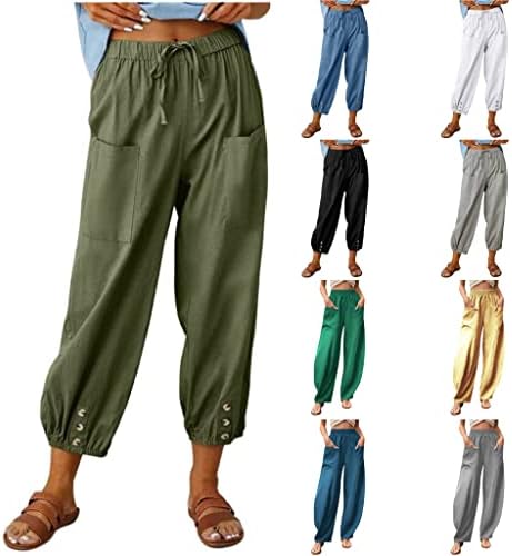 מכנסי טרנינג בסיסין נשים מזדמנות פלוס גודל גודל מותניים אלסטיים מכנסיים קפרי רחב כפתור רגל רחב מכנסיים