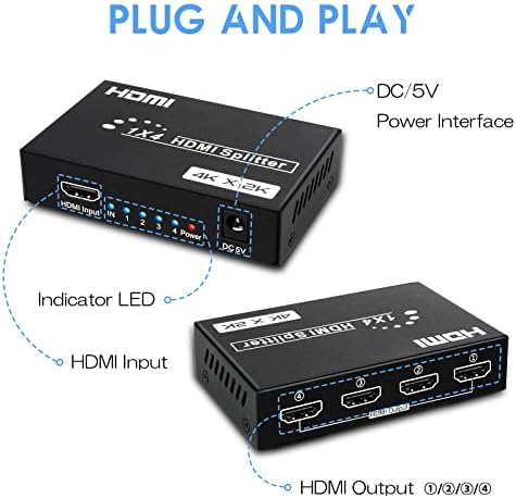 DGODRT HDMI SPLITTER 1x4, 1 ב -4 תיבת מפיץ וידאו של HDMI HDMI עם מתאם חשמל, 4KX2K@30Hz 3D 3D Full HD עבור