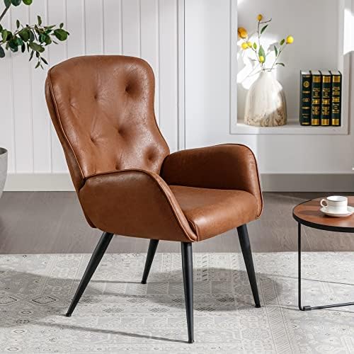 כיסא מבטא דמוי עור עם עיצוב גב גבוה, כורסה עם רגלי מתכת בסגנון מודרני, כיסא כנף מרופד נוח לסלון, חדר שינה ומשרד