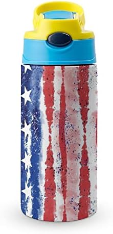 בקבוק מים לילדים, בקבוק מים מבודד דגל אמריקאי נירוסטה עם קש, קל פתוח ונקי חסין דליפות 17 עוז / 500