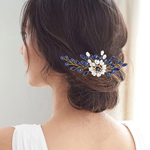 פלסר כחול חרוזים חתונת שיער מסרק זהב פרח הכלה שיער צד קומבס קריסטל כלה שיער אביזרי עבור נשים