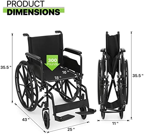 כיסא גלגלים להובלה מגשיון עם מושב 18 אינץ', כיסא הובלה מתקפל עם משענות רגליים, כיסא גלגלים בסגנון משענת