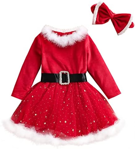 פעוטות פעוטות תינוקת חג המולד שמלת חג המולד שמלות קטיפה שרוול ארוך שמלות חג נסיכה עם סרט סנטה כובעים