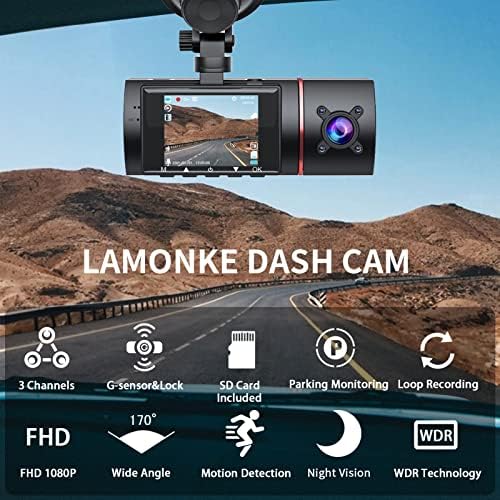 מצלמת Lamonke Dash, 1080p מצלמת מקף קדמית ואחורית בפנים, מצלמת מקף 3 עם כרטיס SD, הקלטת לולאה, חיישן